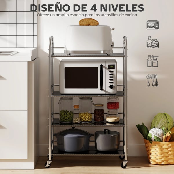 Servicevogn, 4-lags design, justerbare hylder,Sølv