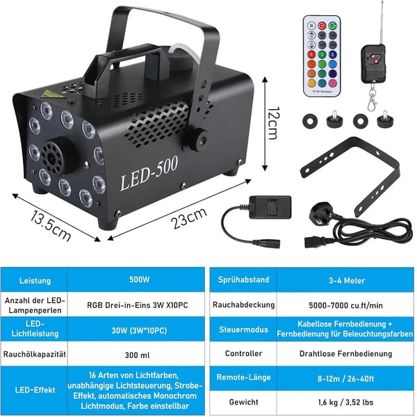 Tågemaskine, 500 Watt, 220 Volt, 5000-7000 kubikfod pr. minut, Fjernbetjeningsområde 12 meter, Egnet til 9-16 kvadratmeter