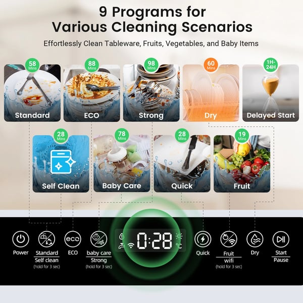 Bänkdiskmaskin, APP-kontroll, 9 rengöringsprogram,Vit