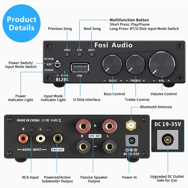 Audio Modtager, Bluetooth 5.0, 2.1 HiFi, U-Disk Afspiller,BL20C Med 24V