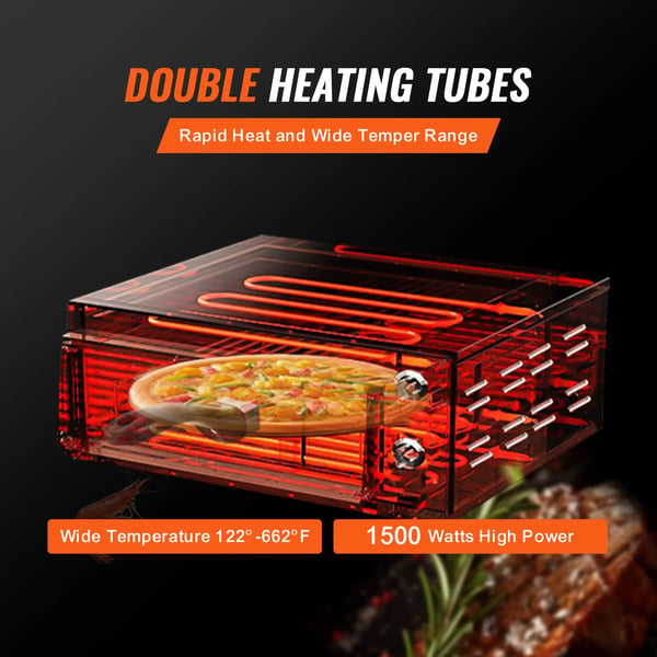 Elektrisk Pizzaovn, 1500W Effekt, Justerbar Temperatur 50°C til 350°C, Timer Op til 120 Minutter, Egnet til 12-Tommer Pizzaer, Dobbelt Varmerør