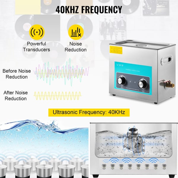 Ultralydsrenser, 6L kapacitet, 180W ultralydseffekt, 300W varmeeffekt, 40 kHz frekvens, 12.8"x6.93"x5.91" størrelse