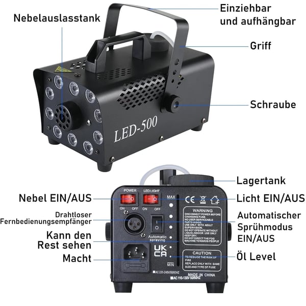 Tågemaskine, 500 Watt, 220 Volt, 5000-7000 kubikfod pr. minut, Fjernbetjeningsområde 12 meter, Egnet til 9-16 kvadratmeter
