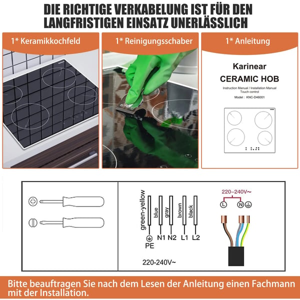 Keramisk kogeplade, 60 cm, 6000 W, Fire brændere, Touch kontrol, 220V