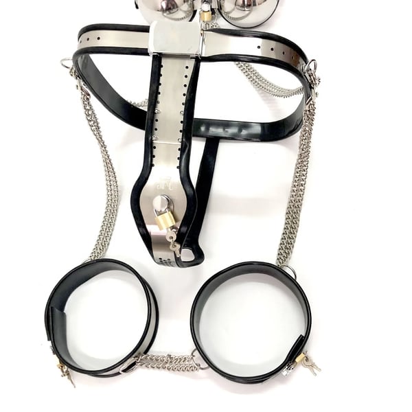 Bondage Sæt, Rustfrit Stål Halsbånd, Justerbar BH Størrelse 60-110 cm, Håndjern Omkreds 18-19 cm, Justerbar Talje 90-110 cm, Lår Ring Omkreds 47-49 cm