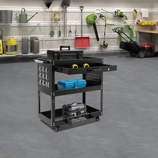 Liikuteltava työkalukärry, teräsmateriaali, 3 tasoa, kantavuus 250 kg, mitat 77,6 x 81 x 35,66 cm, 4 universaalia pyörää