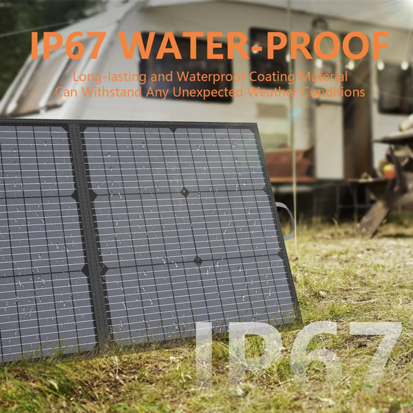 Solpanel, 220W maksimal effekt, 24% modul effektivitet, foldbart design, dimensioner 596 x 540 x 58 mm, vægt 5,85 kg