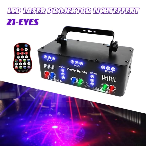Scene lys, 10W effekt, LED + laser + UV, fjernbetjening 5m rækkevidde, IP42 beskyttelse, koncertbelysning