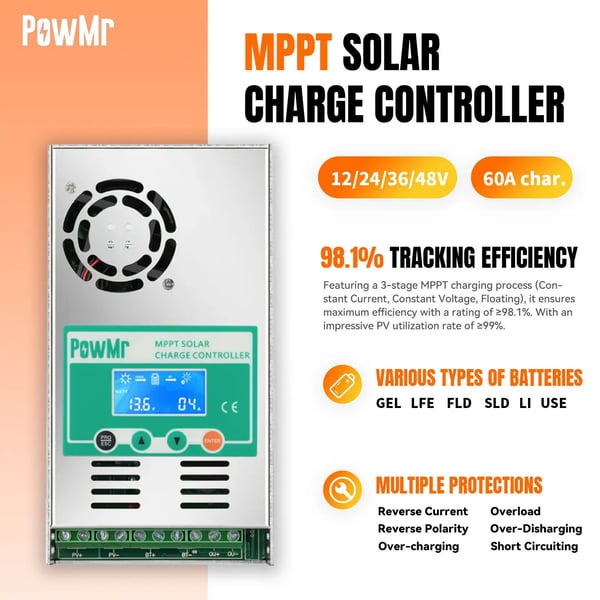 MPPT Solcelleladeregulator, 60A, Smart Ventilationskøling,60A MPPT-controller