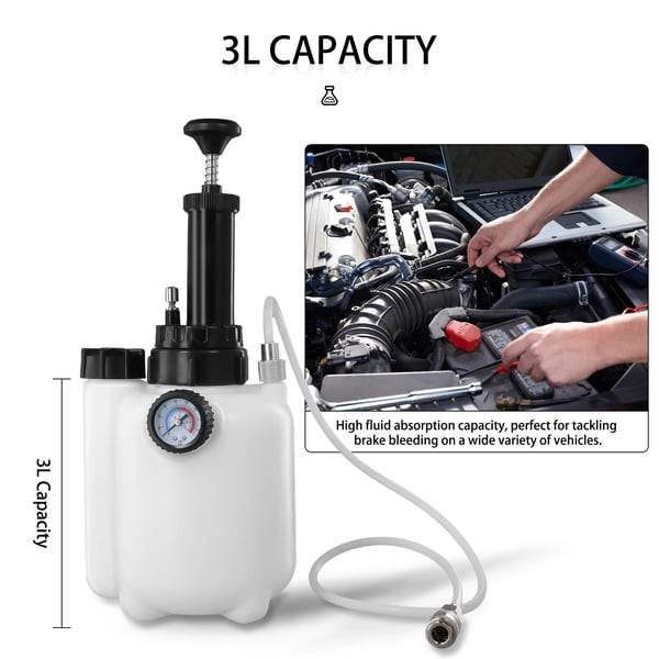 Manuel Bremse Bleeder Kit, 3 liter kapacitet, 1 liter sugetank, kompatibel med europæiske biler, standardadapter E20, 1000 ml opsamlingsflaske
