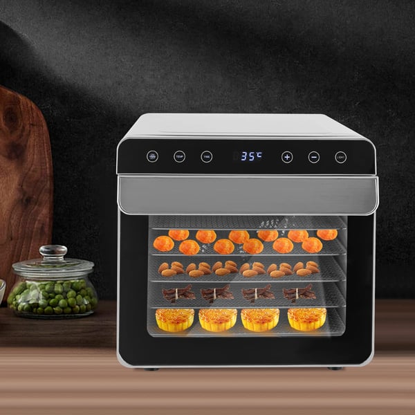 Madtørrer, 6 lag, 700 W effekt, 220 V spænding, temperaturinterval 35-85°C, intelligent touchscreen kontrol