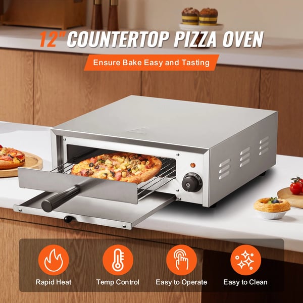 Elektrisk Pizzaovn, 1500W Effekt, Rustfrit Stål Konstruktion, 12-tommer Kapacitet, 122-662℉ Temperaturinterval, Top- og Bundvarme Rør