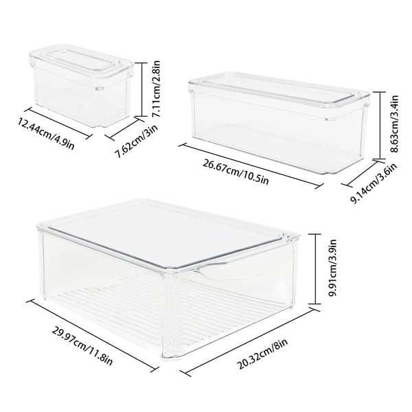 Køleskabsorganisatorer, PET-materiale, Stor organizer 30x20,32x9,9 cm, Mellem organizer 26,67x9,1x8,6 cm, Lille organizer 12,45x7,62x7,1 cm