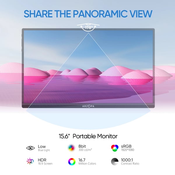 Bærbar FHD-skærm, 15,6 tommer IPS-display, 1920 x 1080 opløsning, letvægtsdesign