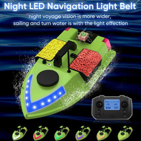 Fiskebaitbåd, Plastmateriale, 500m Kontrolområde, 12000mAh Batteri, 7 Farver LED, Fjernbetjening