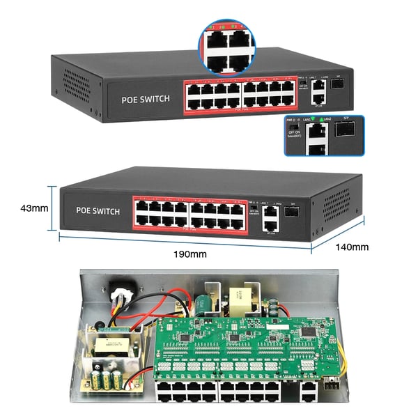 Nätverk POE-switch, 52V strömförsörjning via Ethernet, 8CH POE-switch
