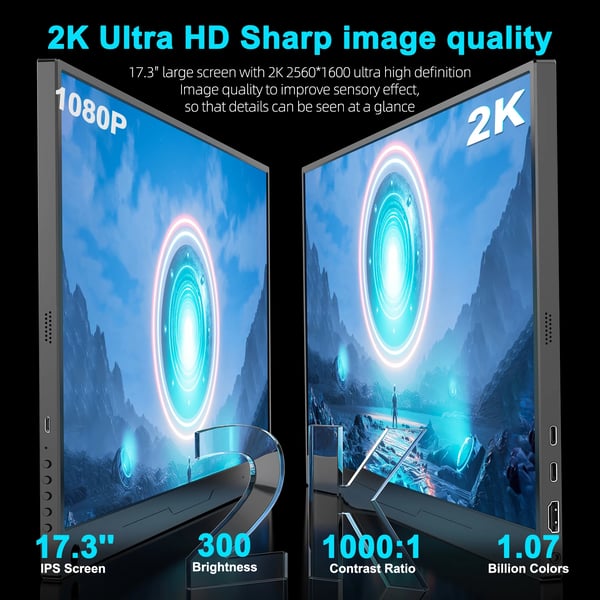 Bärbar Spelmonitor, 17,3 Tum 144Hz Uppdateringsfrekvens, 2560x1440 IPS Skärm,Eu plugg