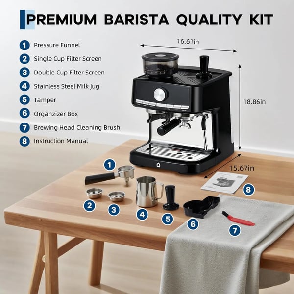 Espresso Maskine, 20 Bar Pumpe, 30-Indstillings Kværn,Sort