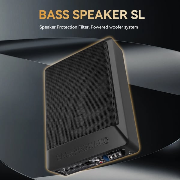 Under-sæde Subwoofer, Nominel Effekt 600W, Maksimal Effekt 1200W, Spænding 12V, Impedans 4 Ohm, Dimensioner 28 cm x 20 cm x 7,5 cm