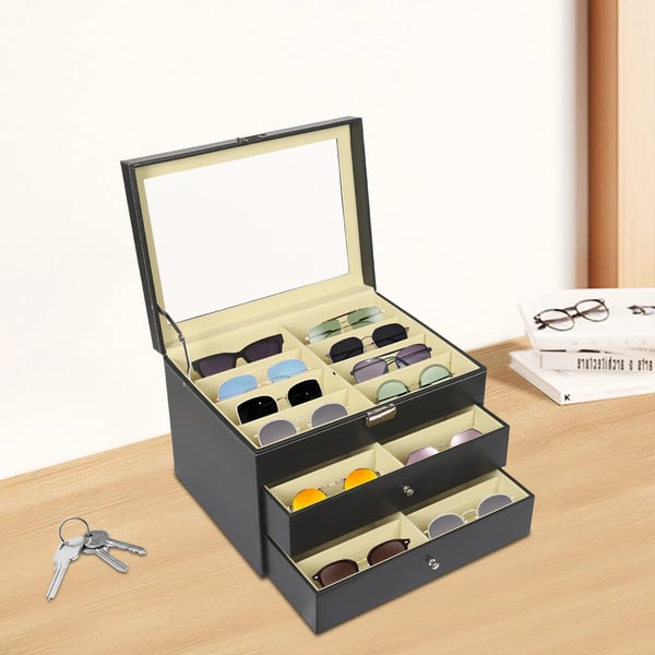 24 Stykker Solbrille Display Kasse, Tre-Niveau Design, Klar Glaslåg, Holdbare Materialer