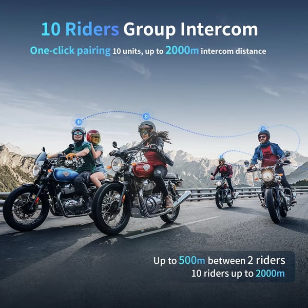 Motorcykel Intercom Hovedtelefon, Maksimal Intercom Afstand 2000 m, Bluetooth Version 5.0, Maksimalt Antal Højttalere 10, Vare Længde 8 cm