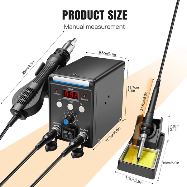 Digital Loddejern Sæt, 700W, Varmluftpistol 100~500°C, Luftstrømningshastighed 120L/min, Loddejern 200~500°C, Støjniveau 45dB