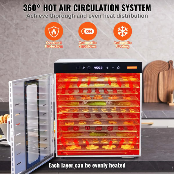 Maddehydrator, 10 rustfrie stålbakker, 1000W effekt, temperaturinterval 30-90°C, timerinterval 0,5-48 timer, 360° luftcirkulation