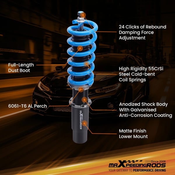 Coilover affjedringskit, 55CrSi stål fjedre, højdejustering 1"-3", 24 klik rebound justering, høj viskositets dæmpningsolie