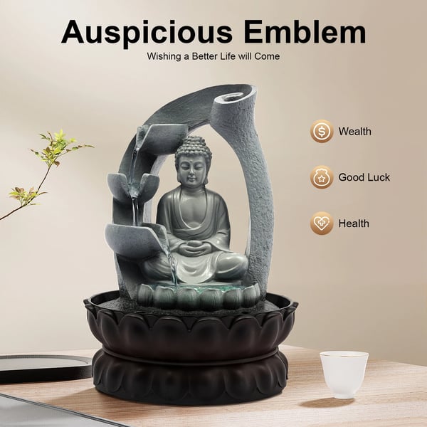 Fontän, Buddha-design, LED-belysningsfunktion,grå