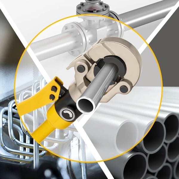 Hydraulinen PEX-putken puristustyökalu, kestävä teräskotelo, leuat kokoja 12-28mm, maksimaalinen paine 100 kN, ergonomisesti muotoiltu kahva