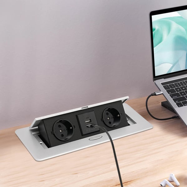 Pop-Up Stikdåse, Aluminiumlegering, USB Opladningsporte,Sølv