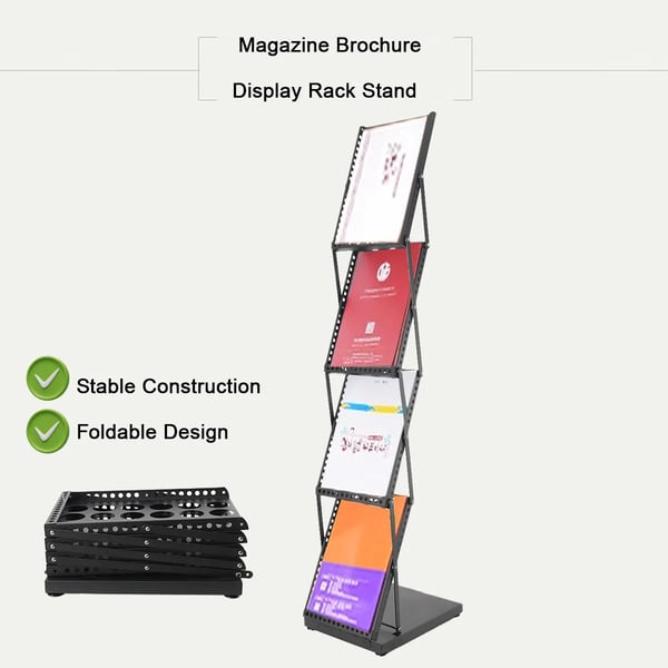 Brochure Stander, Jernkonstruktion, 4 Displayhylder, Foldbart Design, 140 x 40 x 28 cm, Ideel til Udstillinger