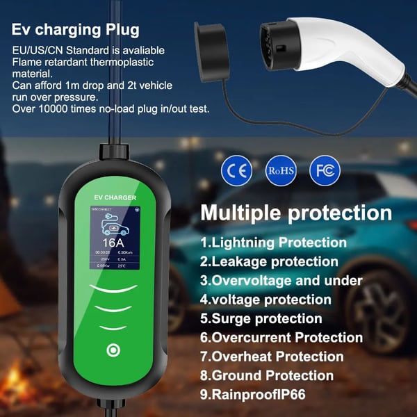 Bærbar EV-lader, 7KW effektudgang, sikre opladningsfunktioner,7KW 32A 1 fase 5M, TYPE2