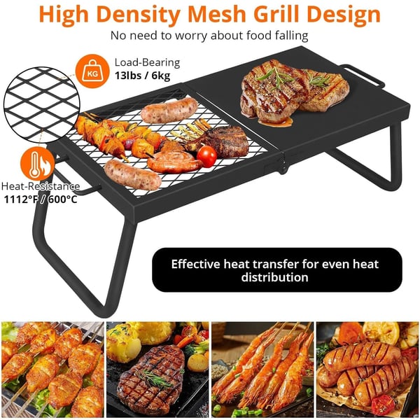 Lejrgrill, Kraftigt stål, 24 x 16 tommer, Varmebestandig op til 500°F, Sammenklappeligt design, Kompatibel med bålpladser