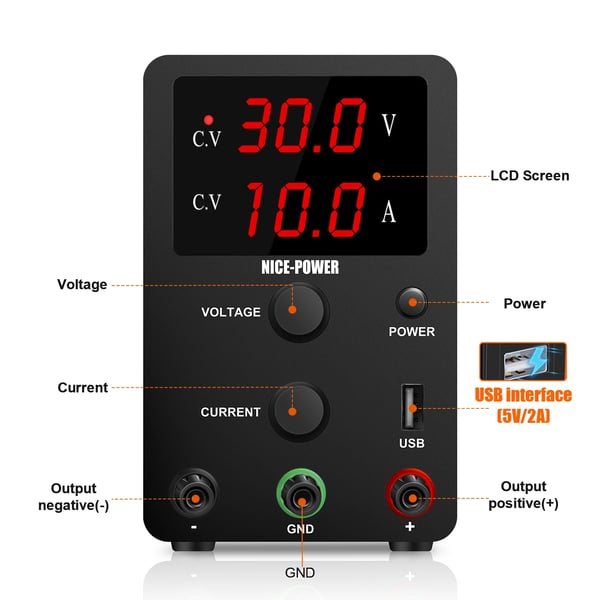DC-virransyöttö, säädettävä jännite, USB-ulostulo,R-SPS3010 30V 10A