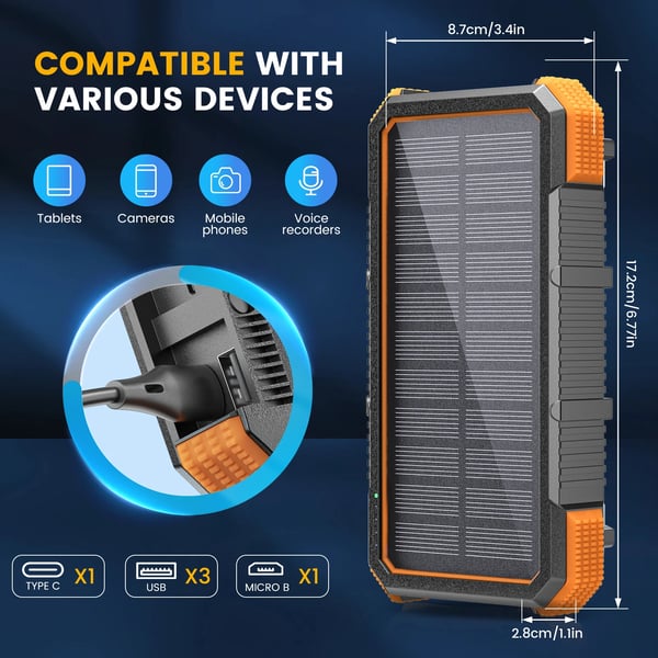 Solenergi Power Bank, 32000mAh Kapacitet, Trådløs Opladning,32000 mAh