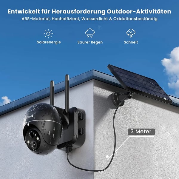 Udendørs overvågningskamera, 5,0 megapixel, dimensioner 186 x 170 x 126 mm, trådløs forbindelse, batteri- og solenergidrevet, 360 graders synsvinkel