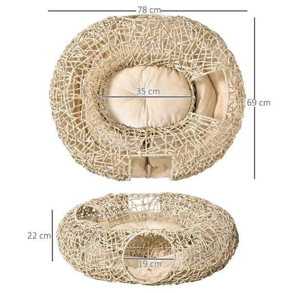 Kattebed, Blød Pude, Stilfuldt Rattan Design,78X69X22 cm, Naturligt Træ