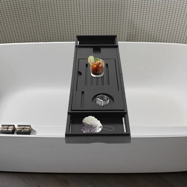 Udvidelig badekar caddy tray, bambus konstruktion, justerbar længde 75-111 cm, belastningskapacitet 5-10 kg, passer til alle badekarstørrelser, 11