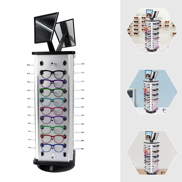 Roterande glasögonställ, 44 par kapacitet, 360° rotation, fristående design, L, med 2 speglar