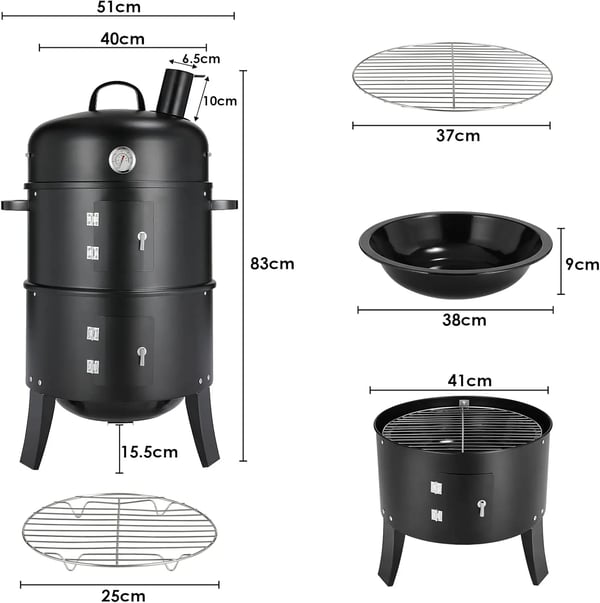 Rökargrill, Rostfritt Stål, Mått: 90 cm x 38 cm x 47 cm, Kompatibilitet: Kol och Rökningsdamm, Justerbara Ventilationsöppningar, Inbyggd Termometer