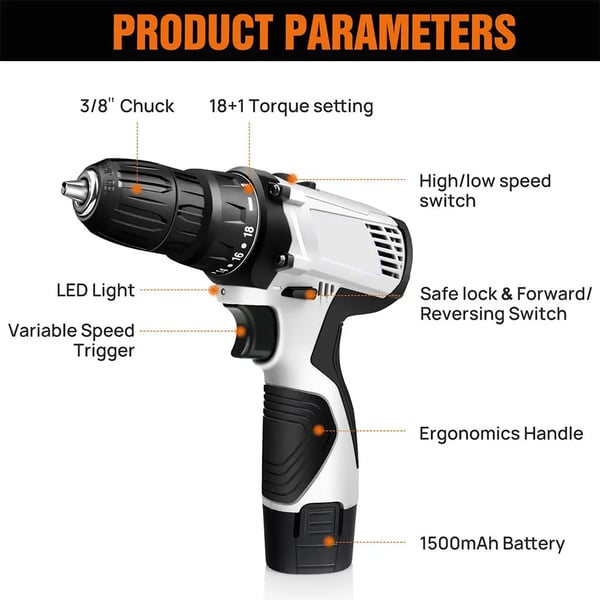 Trådløs Boremaskine, 12V Spænding, Maksimalt Moment 45NM, Hastighedsområde 0-400 RPM, Lithium-ion Batteri 1300 mAH, Ergonomisk Design