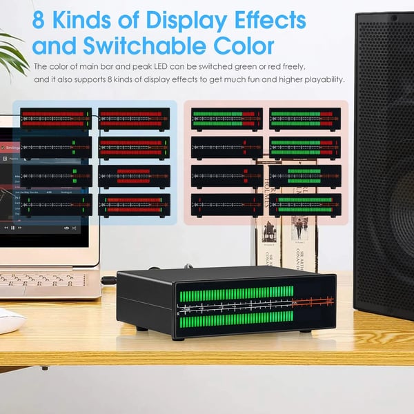 LED Lydniveau Meter, Audio Display Visualizer, Guldbelagte stik, Realtids musikniveau display, RCA og 3,5 mm kompatibilitet, Flere visningsmuligheder