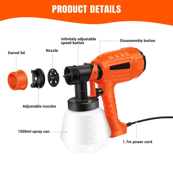 Malersprøjte, Maksimal Effekt 3800W, Beholder Volumen 1000mL, Justerbar Dyse Diameter 1.0/1.8/2.5mm, Malingsstrøm 800mL/min, Vægt 1.25kg