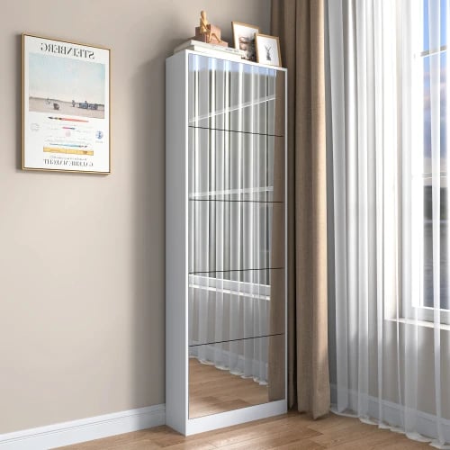 Skoopbevaringsorganisator, MDF-materiale, Højde 185 cm, 5 vippe-skuffer, 3 mm spejltykkelse, Pladsbesparende design