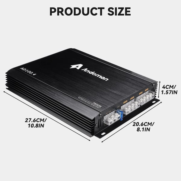 Bilforstærker, 7800W spidseffekt, 200W RMS, 12V-13.8V spænding, 27.6 x 20.6 x 4 cm dimensioner, multikanal lydkodning