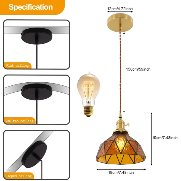 Moderne Pendellampe, Justerbar Højde, Amber Glas Skærm,MULTI