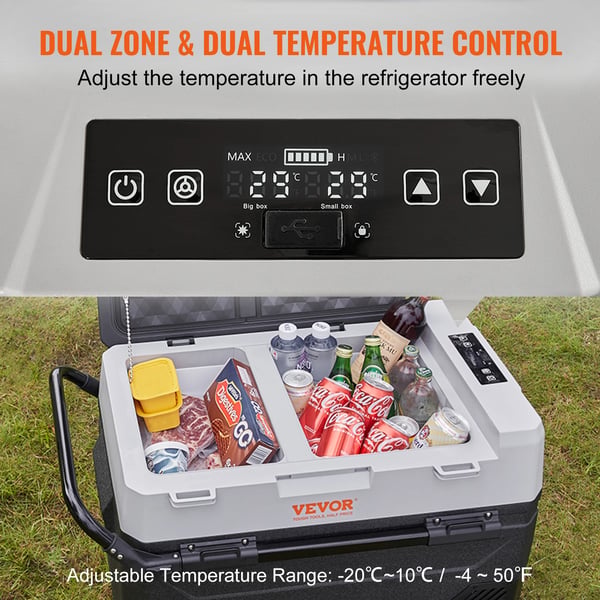 Bilkøleskab 12V, 40QT kapacitet, dobbeltzonekøling, temperaturinterval -4°F til 50°F, energieffektiv, bærbart design