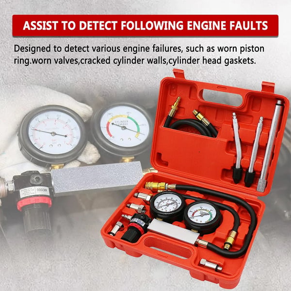 Cylinder Leak Detector, Holdbar legeringskonstruktion, 30 cm x 10 cm x 5 cm, Kompatibilitet med firetakts benzinmotorer, Arbejder ved 45-100 psi