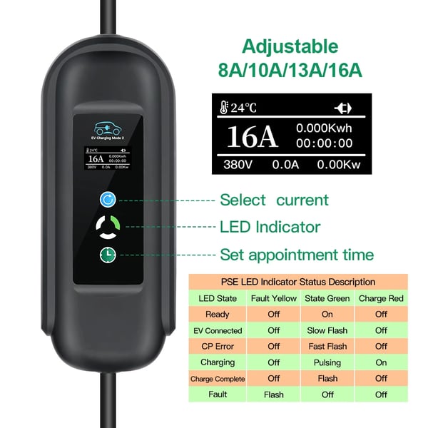 EL-lader, Justerbar Strøm, Timerfunktion,11kw med 2 adaptere, Type2